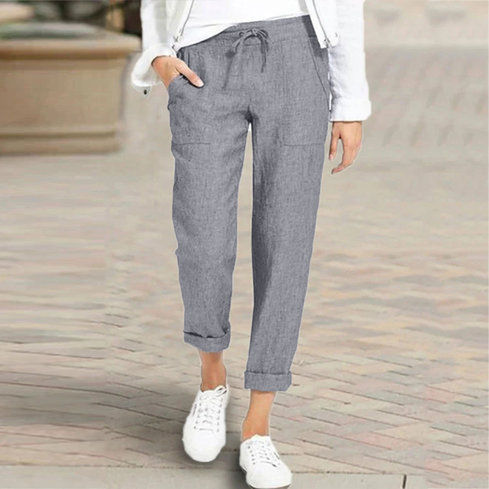 thumbnail image 2 of Pantalones de lino con cordón para mujer: cintura elástica, bolsillos, poliéster ligero para verano y playa, 2 of 8